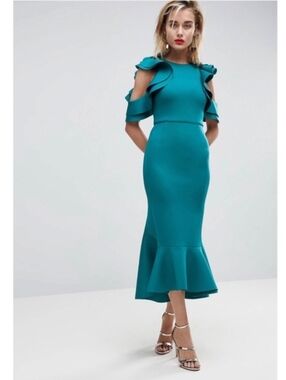ASOS Teal Ruffle Cold-Shoulder Midi Dress